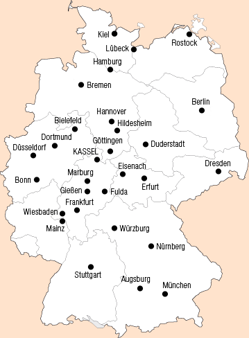 Deutschlandkarte, Hamburg, Lübeck,, Kiel, Bremen, Bielefeld, Dortmund, Düsseldorf, Bonn, Würzburg, Nürnberg, Frankfurt, Berlin, Hannover, Wiesbaden, Fulda, Mainz, Göttingen, Northeim, Duderstadt, Hildesheim, Höxter, Hofgeismar, Witzenhausen, Warburg, Korbach, Marsberg, Marburg, Gießen, Wetzlar, Homberg, Melsungen, Eisennach, Erfurt.